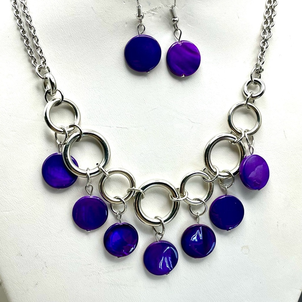 Silver and Purple Circle Necklace and Earring Set